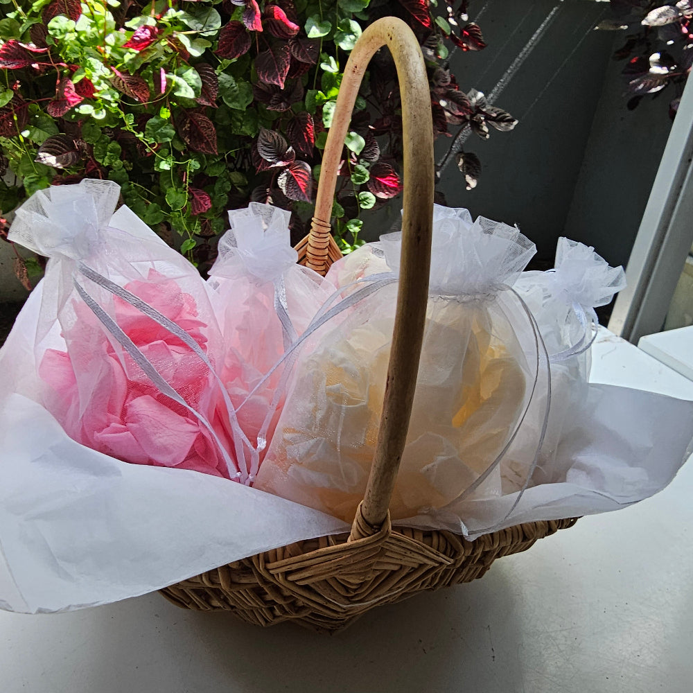 Natural baskets for carrying eco friendly freeze dried rose petal confetti
