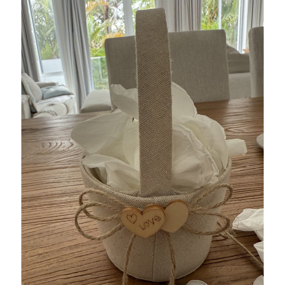 Linen Basket  for carrying eco friendly freeze dried rose petal confetti