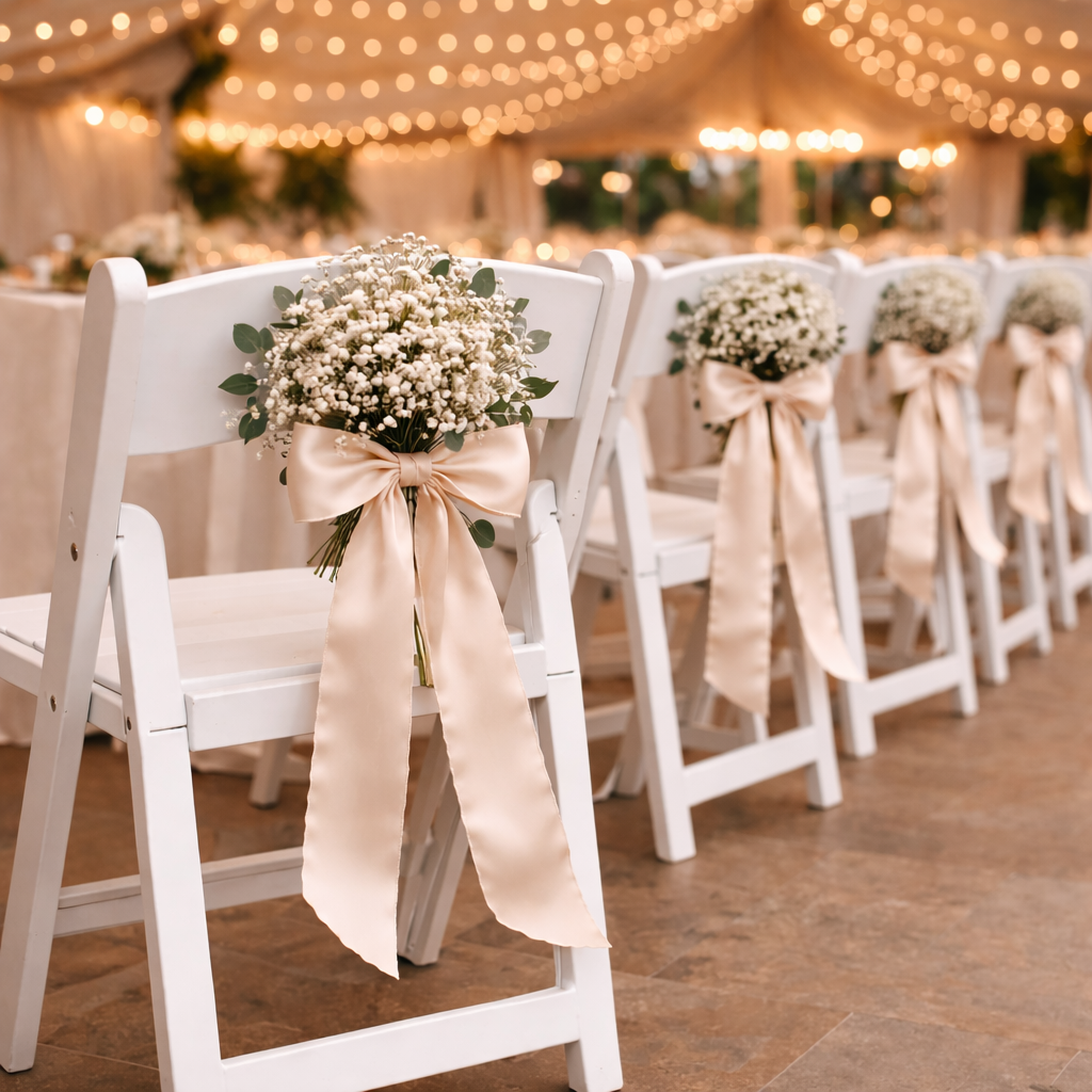 Artificial Flower Pew Ends / Aisle Chair Decorations Antique White Chiffon Ribbon To Hire