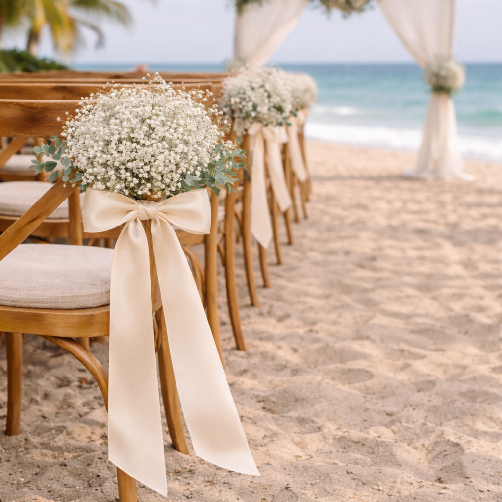 Natural Preserved Flower Pew Ends / Aisle Chair Decorations Long Antique White Satin Ribbon