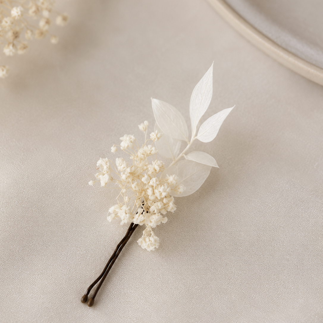 Preserved Natural Flower Bridal Hairpin Babys Breath and Italian Ruscus