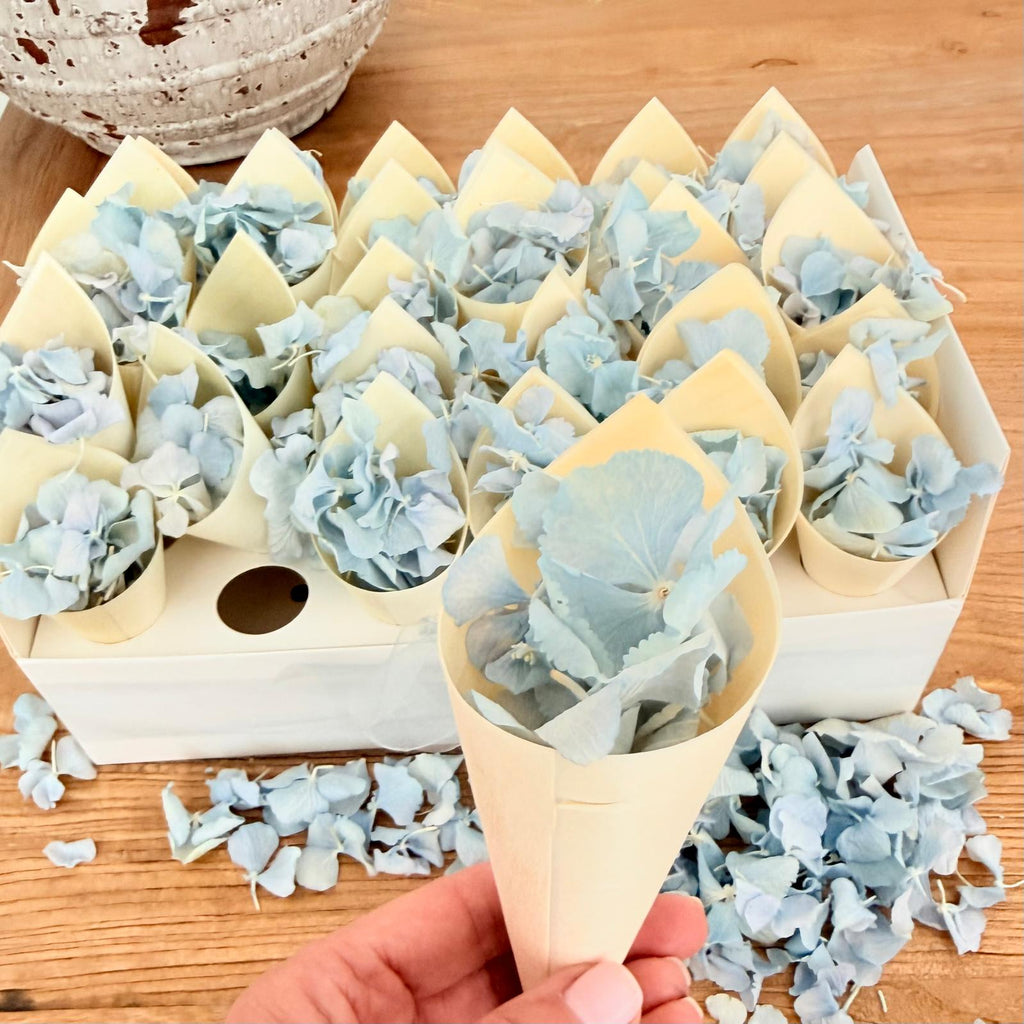 Wedding Bundle- Blue Hydrangea Biodegradable Petals+ Cones + Tray