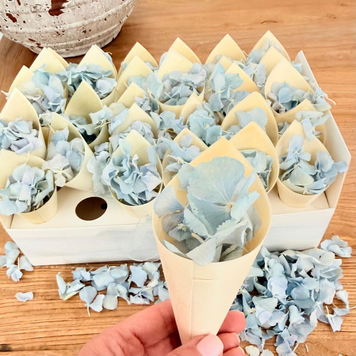 Wedding Bundle- Blue Hydrangea Biodegradable Petals+ Cones + Tray