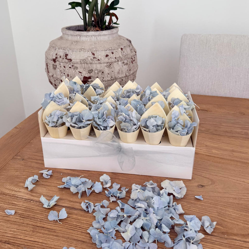 Wedding Bundle- Blue Hydrangea Biodegradable Petals+ Cones + Tray