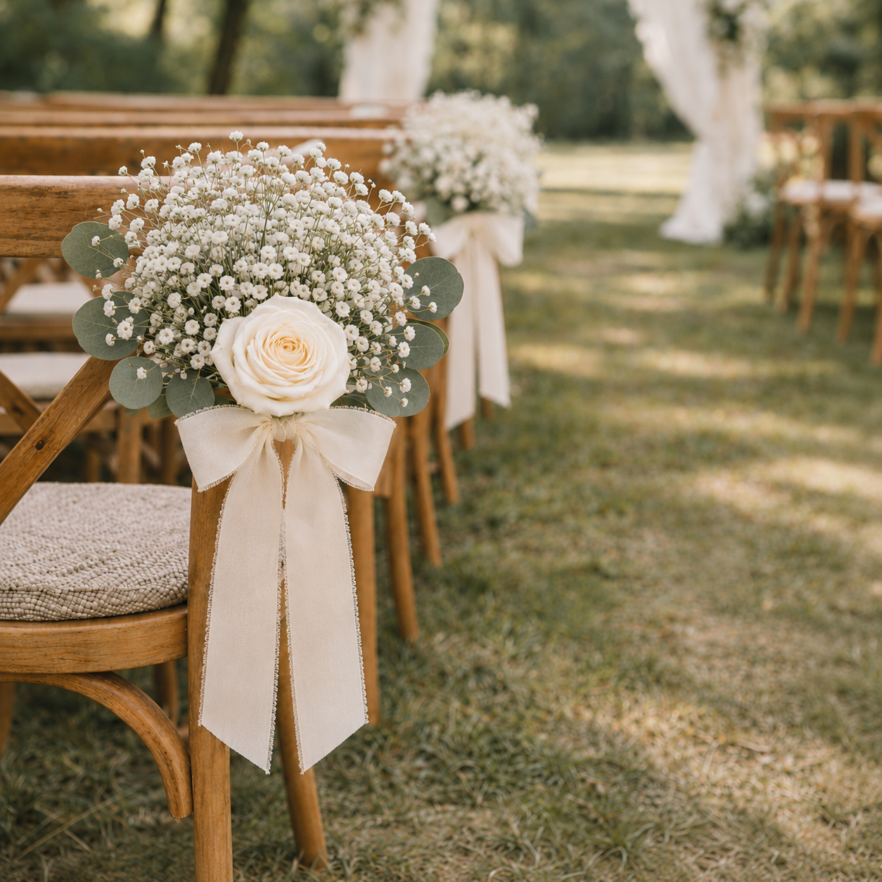 Natural Preserved Flower Pew Ends / Aisle Chair Decorations Medium Antique-White Chiffon Ribbon