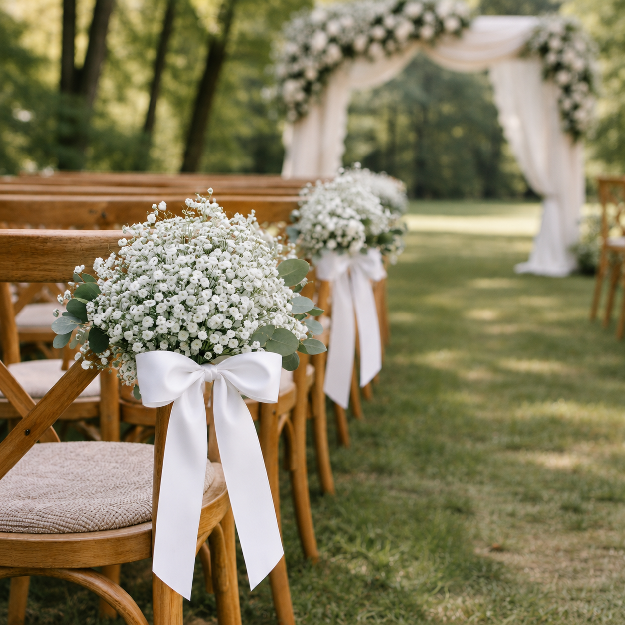 Natural Preserved Flower Pew Ends / Aisle Chair Decorations Medium Length White Satin Ribbon