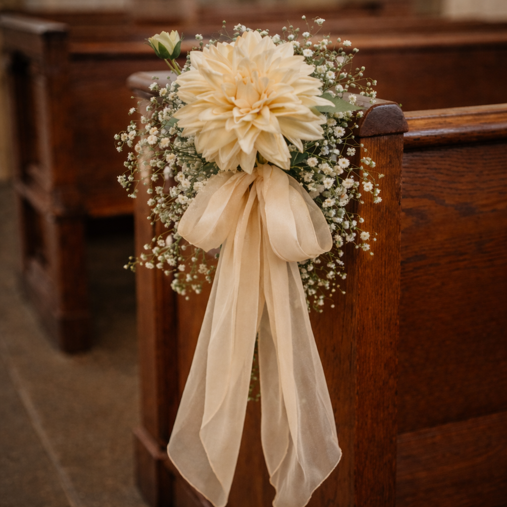 Artificial Flower Pew Ends / Aisle Chair Decorations Antique White Chiffon Ribbon with Dahlia To Hire