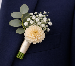 Artificial Flower Buttonhole/Boutonniere for Groom Cream Dahlia