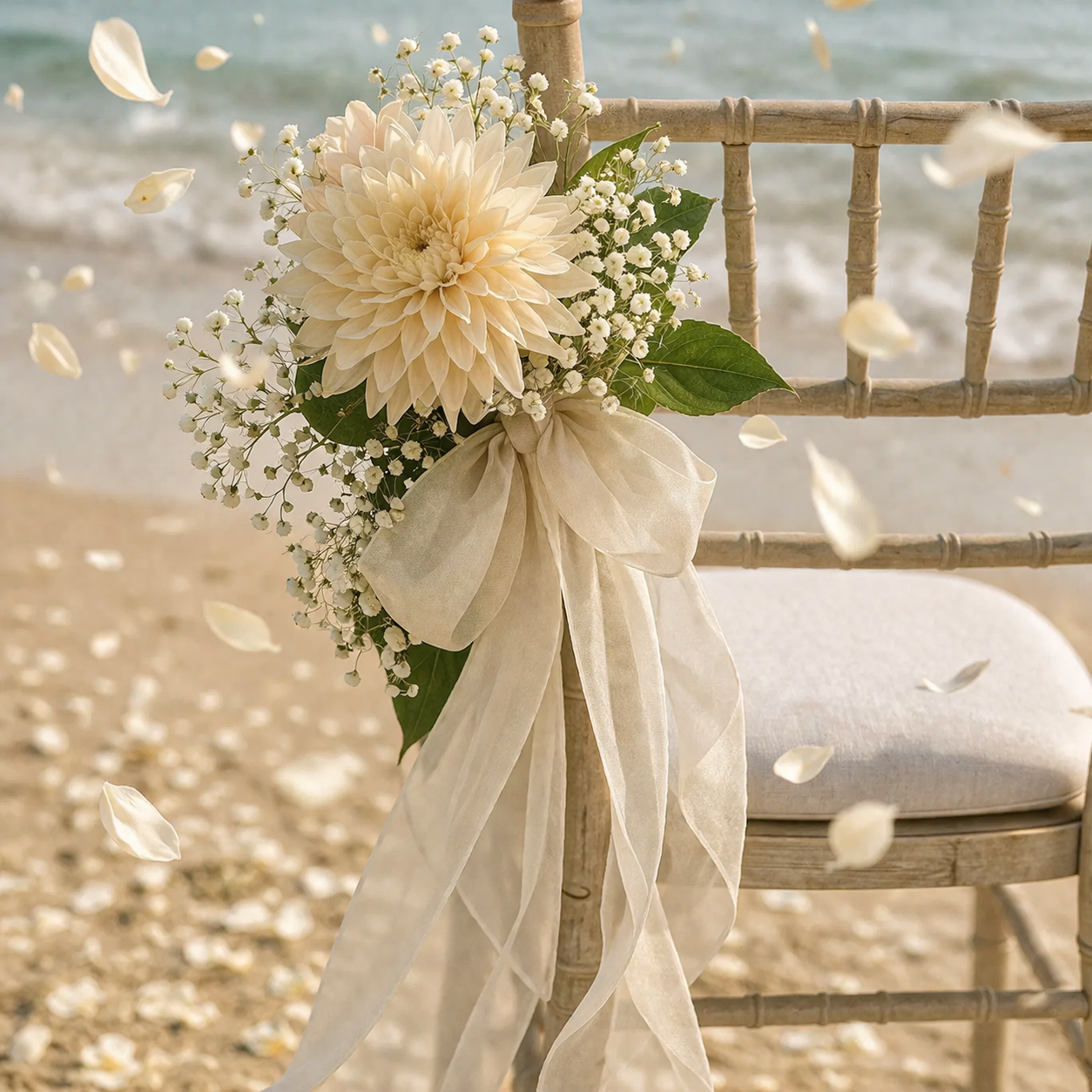 Artificial Flower Pew Ends / Aisle Chair Decorations Antique White Chiffon Ribbon with Dahlia To Hire