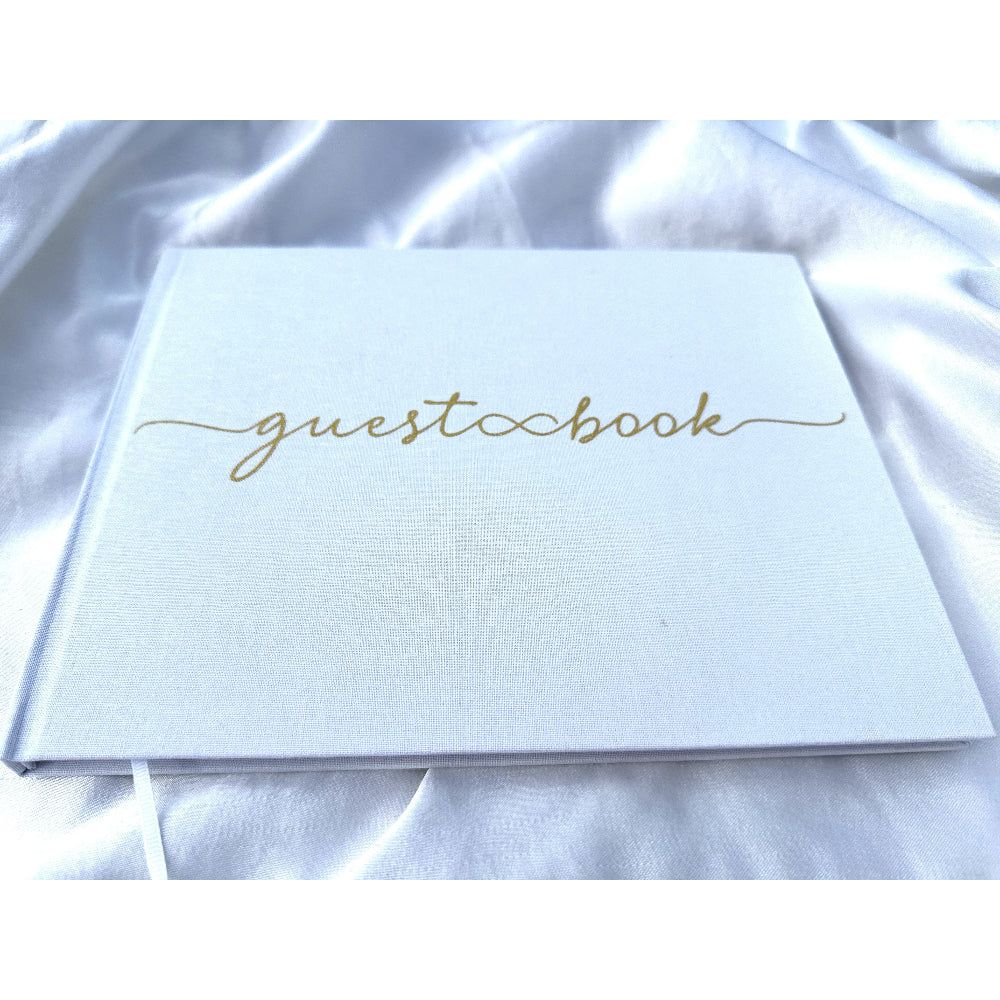 Wedding Guest Book White Linen Fabric Hardcover Gold Text