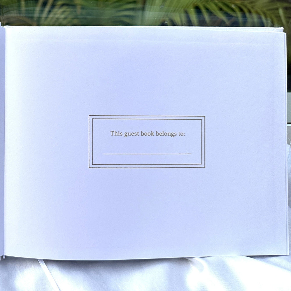 Wedding Guest Book White Linen Fabric Hardcover Gold Text