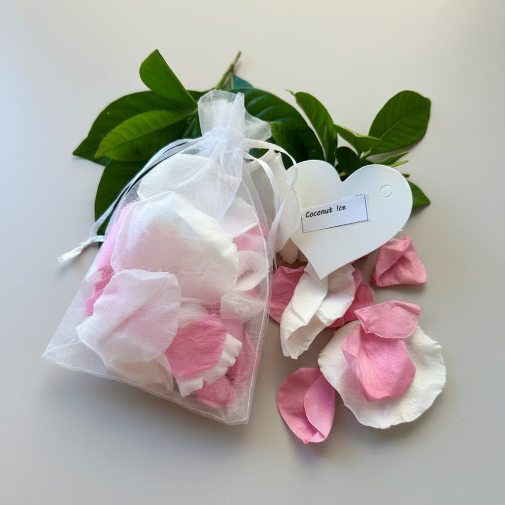30 Individually Pre-Packaged Organza Bags Biodegradable Rose Petal Confetti - Coconut Ice Pink