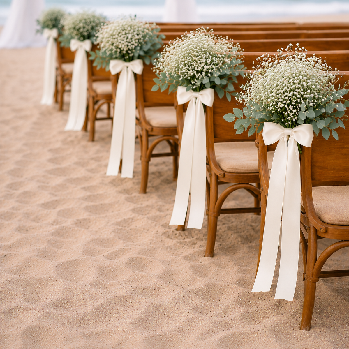 Natural Preserved Flower Pew Ends / Aisle Chair Decorations Long Antique White Satin Ribbon
