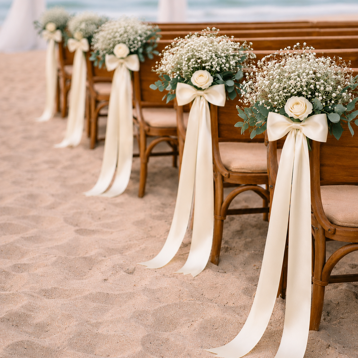 Natural Preserved Flower Pew Ends / Aisle Chair Decorations Long Antique White Satin Ribbon and Ivory Rose
