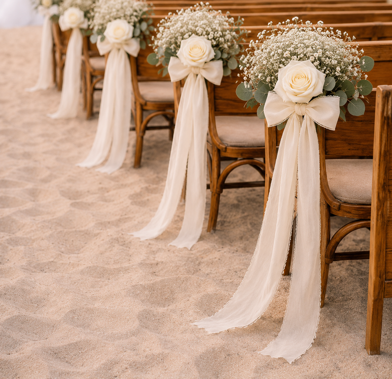 Natural Preserved Rose Pew Ends / Aisle Chair Decorations Long Antique- White Chiffon Ribbon