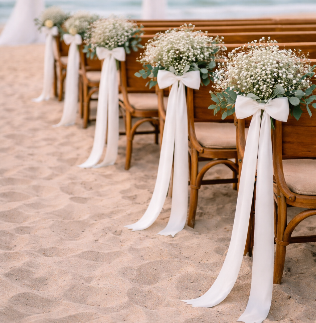 Preserved Natural Flower Pew Ends / Aisle Chair Decorations Long White Satin Ribbon