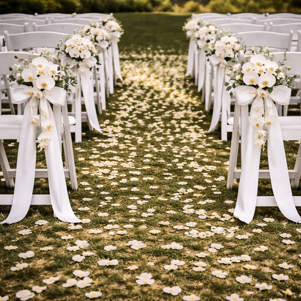 Artificial Flower Pew Ends / Aisle Chair Decorations Long White Satin Ribbon and White Orchid To Hire