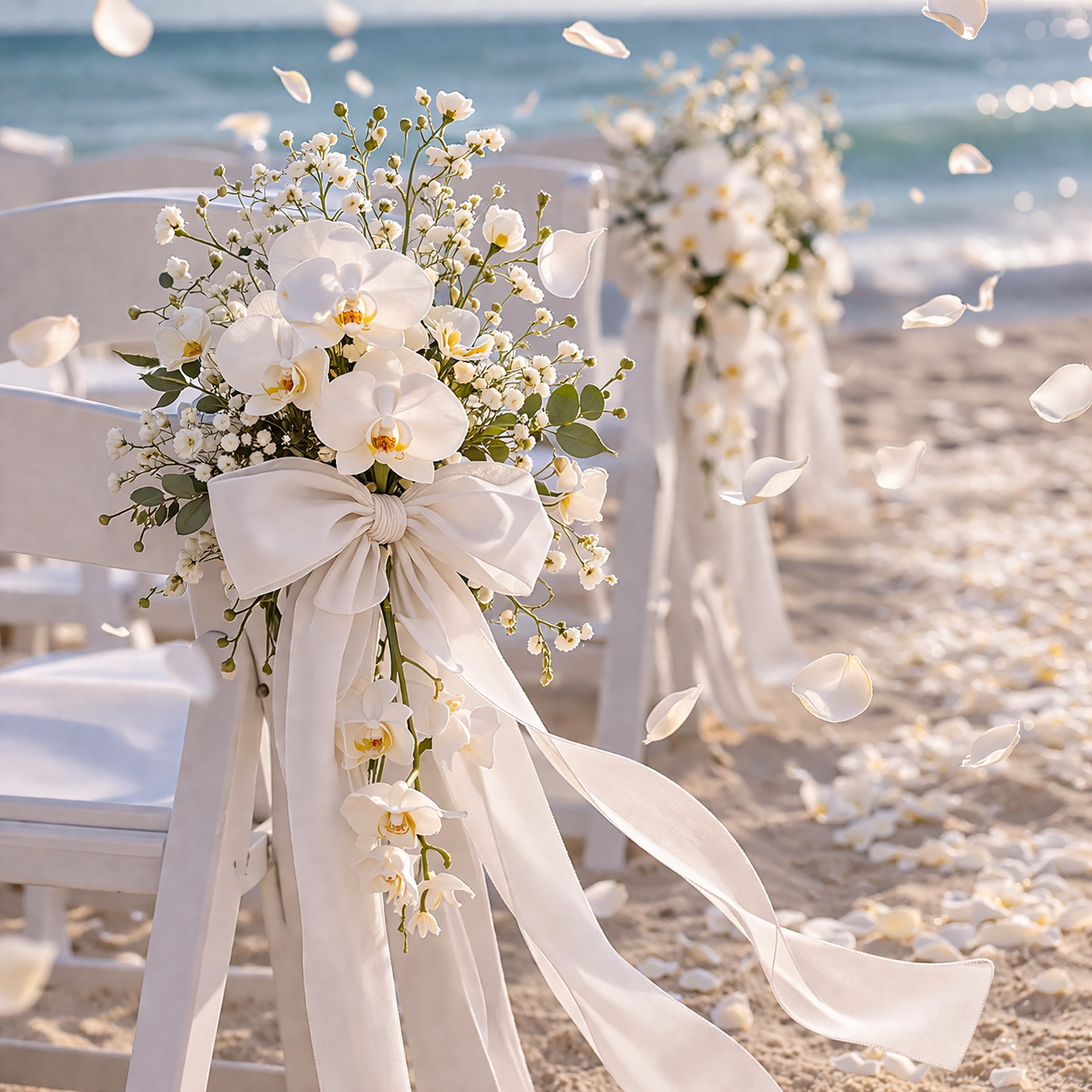 Artificial Flower Pew Ends / Aisle Chair Decorations Long Soft White Chiffon Ribbon and White Orchid To Own