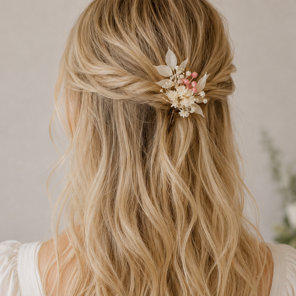 Preserved Natural Flower Bridal Hairpin Pink and White Babys breath and Italian Ruscus