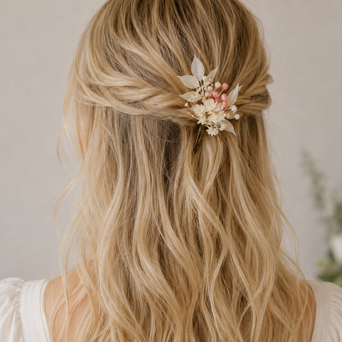 Preserved Natural Flower Bridal Hairpin Pink and White Babys breath and Italian Ruscus
