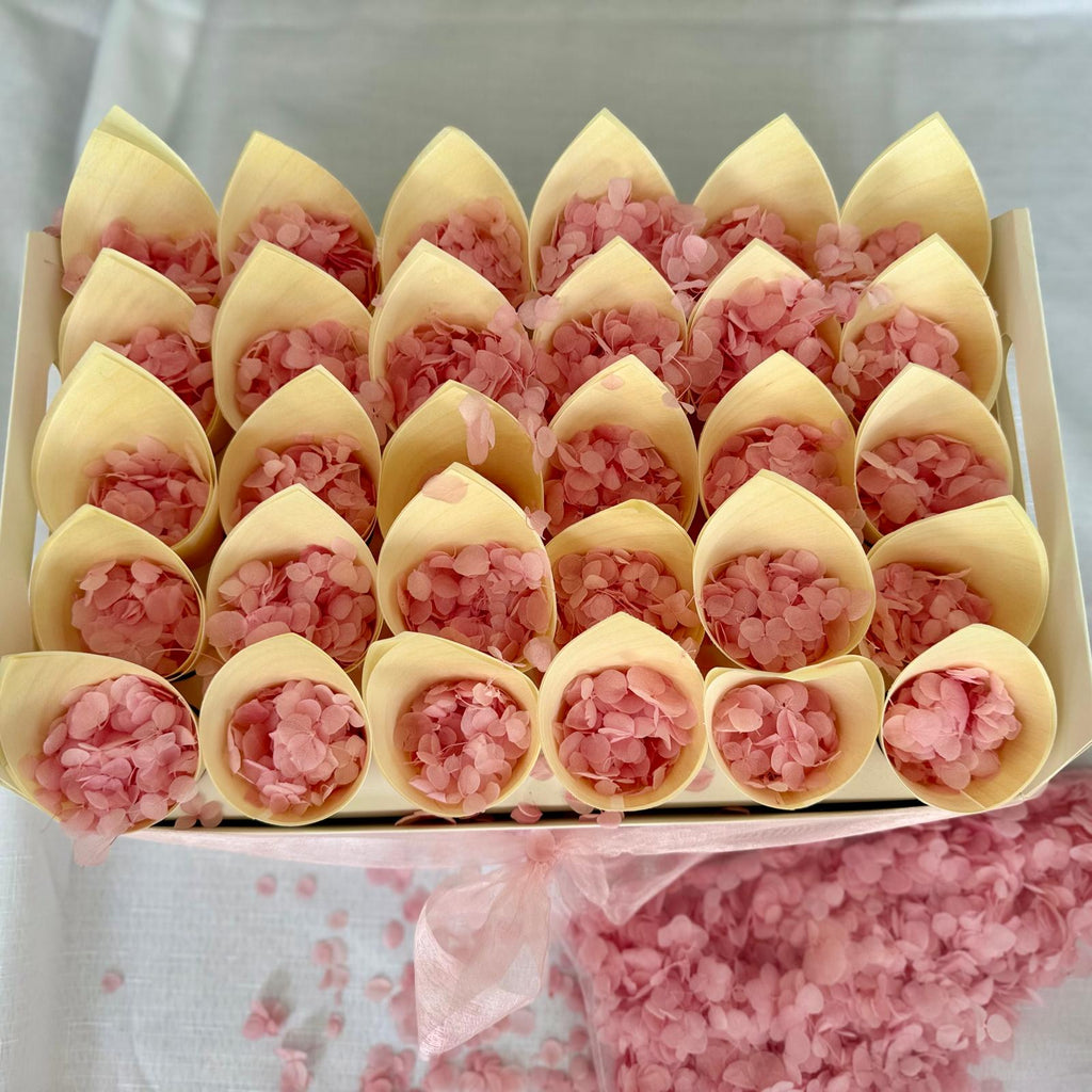 Wedding Bundle- Pink Hydrangea Biodegradable Petals+ Cones + Tray