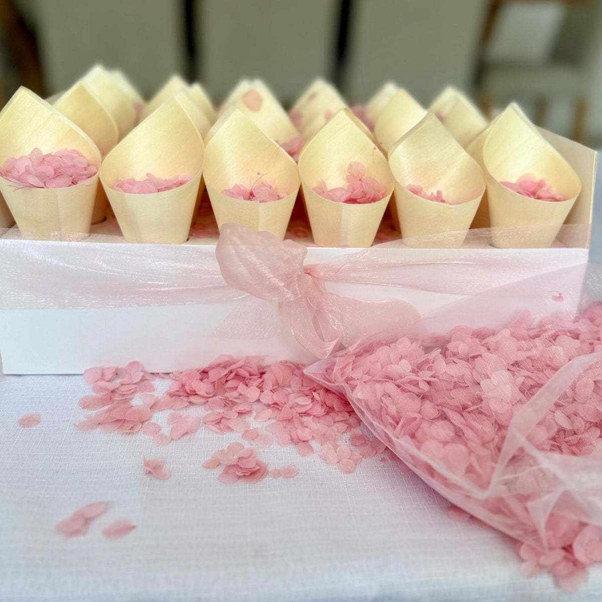 Wedding Bundle- Pink Hydrangea Biodegradable Petals+ Cones + Tray