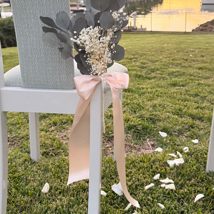 Natural Preserved Flower Pew Ends / Aisle Chair Decorations Long Rose Gold Pink Ribbon