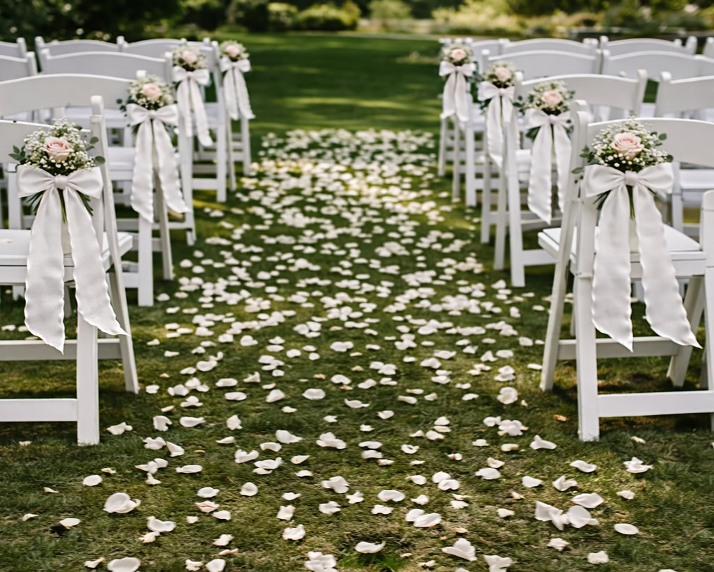 Preserved Natural Flower Pew Ends / Aisle Chair Decorations White Chiffon Ribbon and Pink Rose