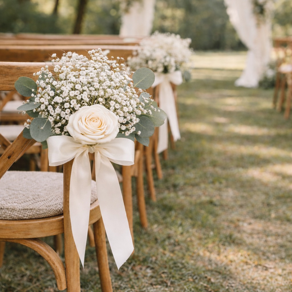 Natural Preserved Flower Pew Ends / Aisle Chair Decorations Medium Antique White Satin Ribbon