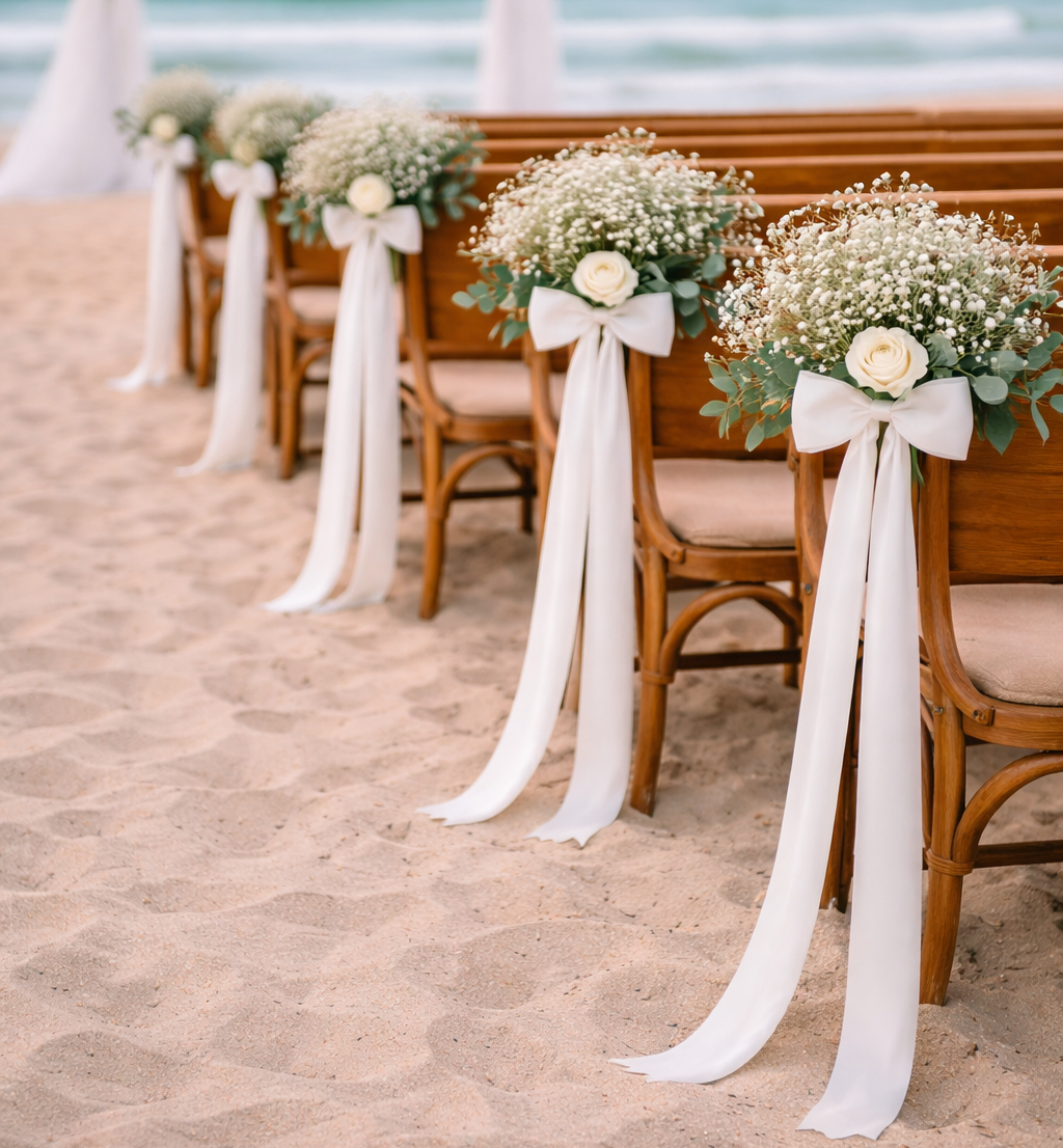 Artificial Flower Pew Ends / Aisle Chair Decorations Long White Satin Ribbon and White Rose To Hire