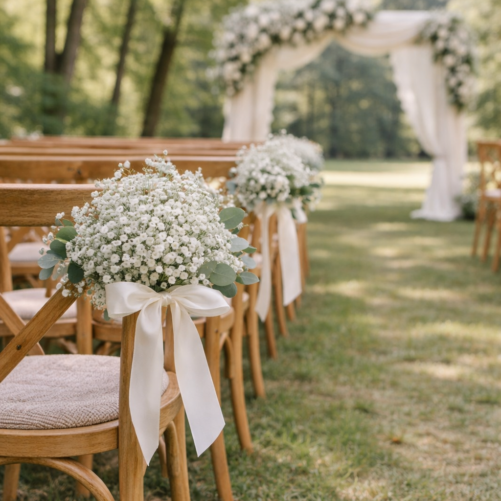 Preserved Flower Pew Ends / Aisle Chair Decorations Medium Pearl White Satin Ribbon