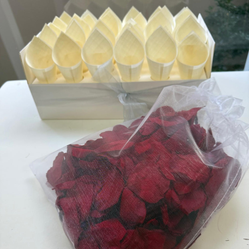 30 Guest Value Bundle -Red Soft Freeze Dried Rose Petal Confetti (petals +cones+tray)