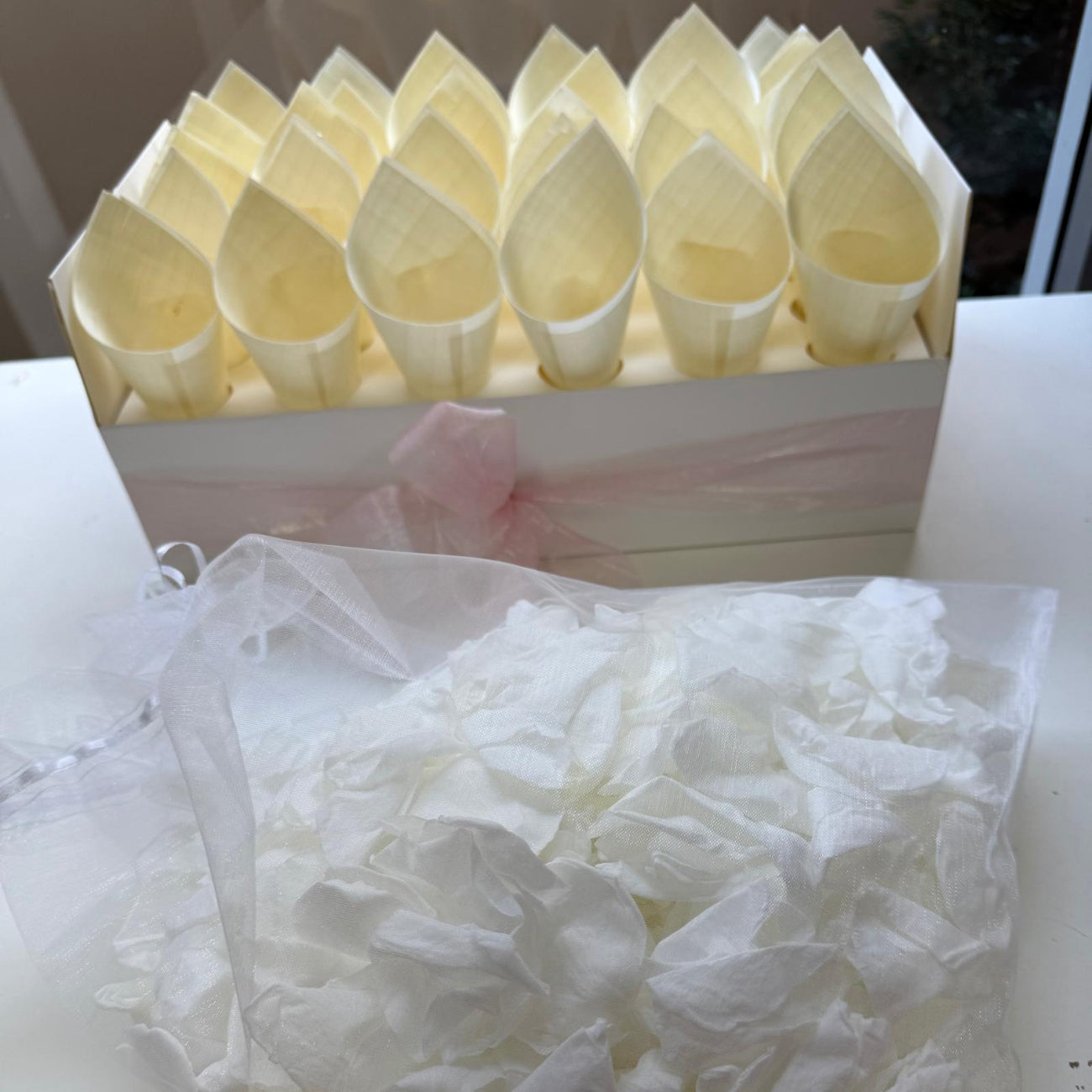 30 Guest Value Bundle -White Soft Freeze Dried Rose Petal Confetti (petals +cones+tray)