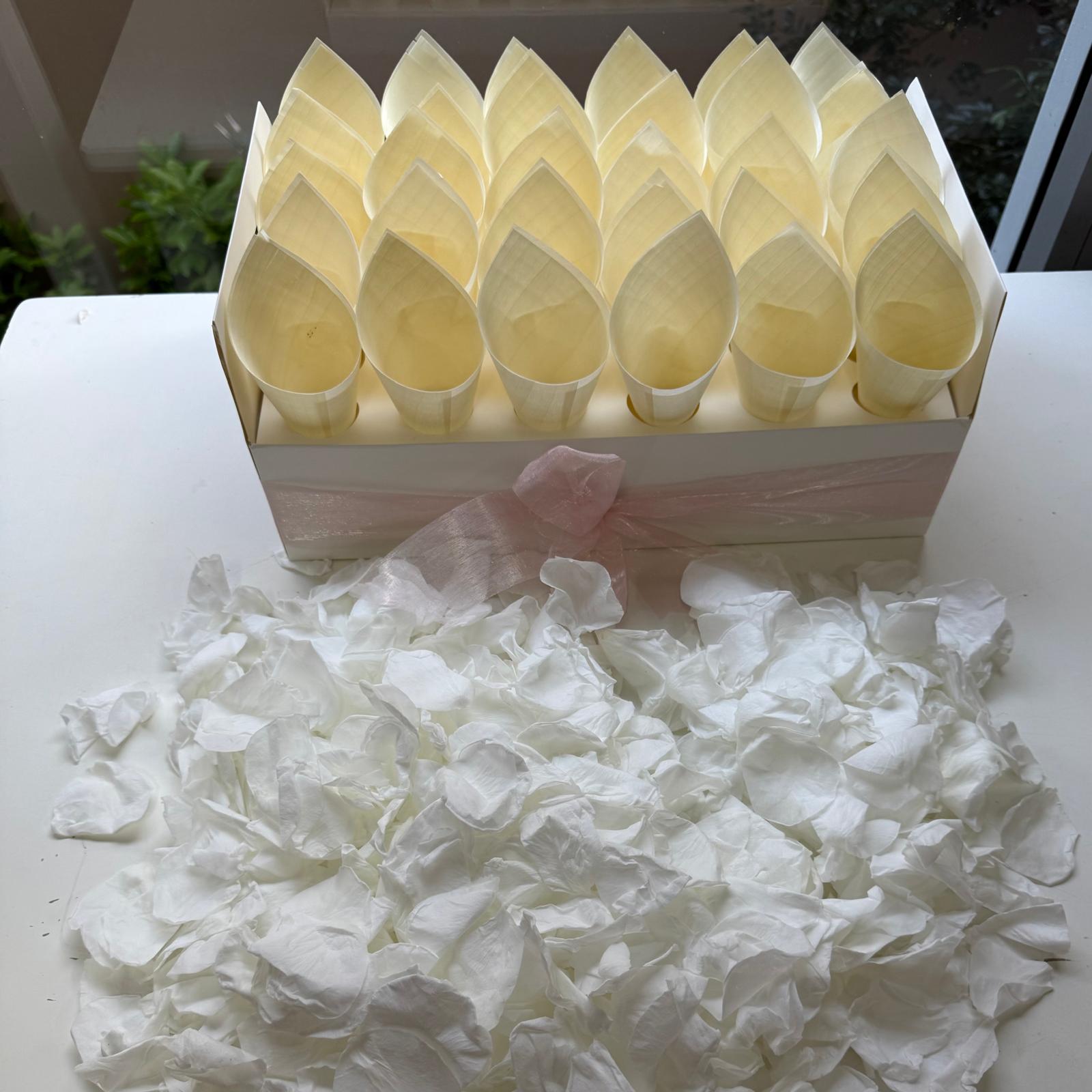 30 Guest Value Bundle -White Soft Freeze Dried Rose Petal Confetti (petals +cones+tray)