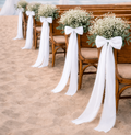 Natural Preserved Flower Pew Ends / Aisle Chair Decorations Long White Fringed Chiffon Ribbon