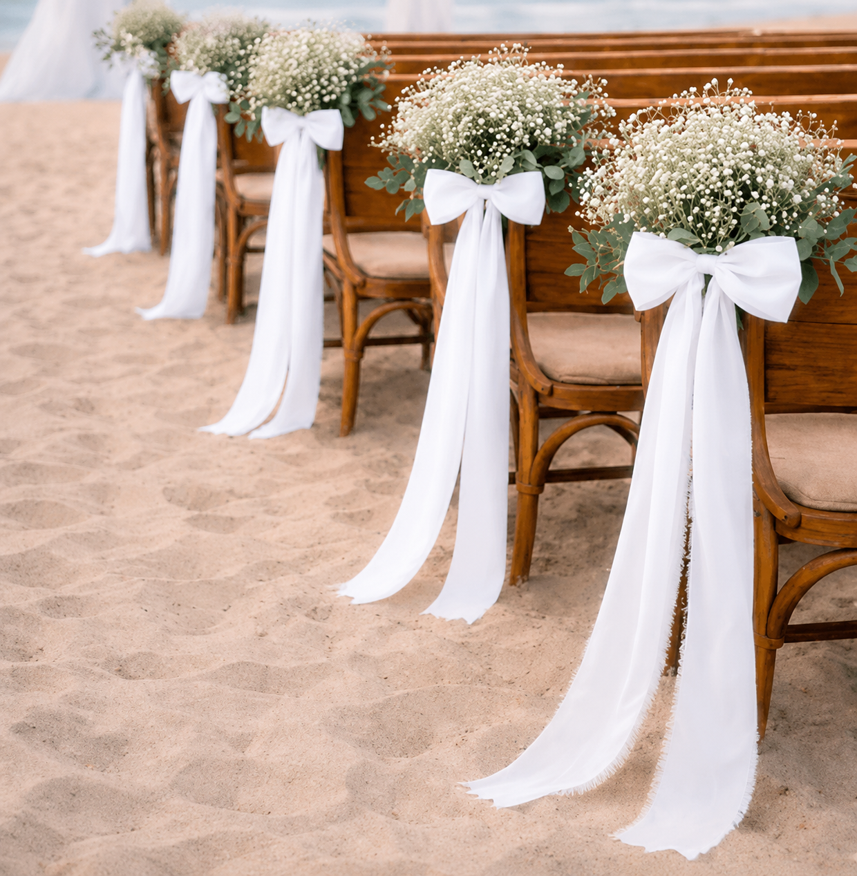 Natural Preserved Flower Pew Ends / Aisle Chair Decorations Long White Fringed Chiffon Ribbon