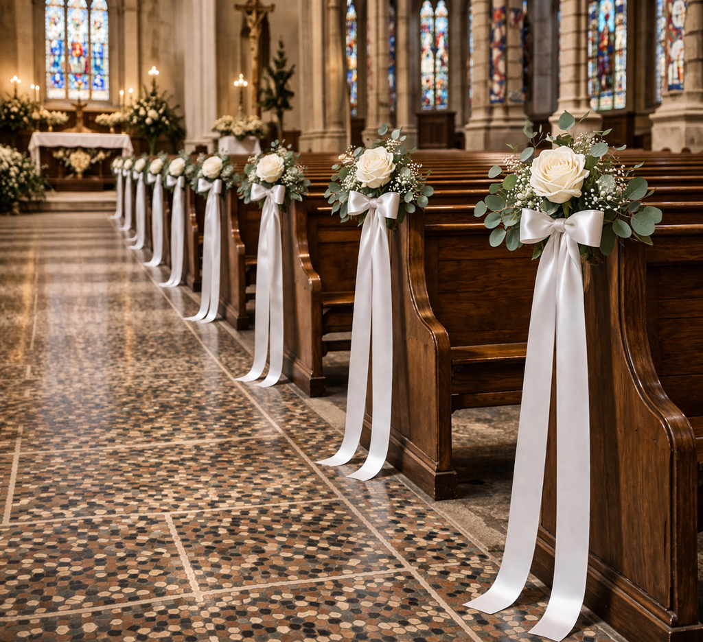 Preserved Natural Flower Pew Ends / Aisle Chair Decorations Long White Satin Ribbon and White Rose