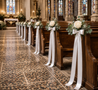 Preserved Natural Flower Pew Ends / Aisle Chair Decorations Long White Satin Ribbon and White Rose
