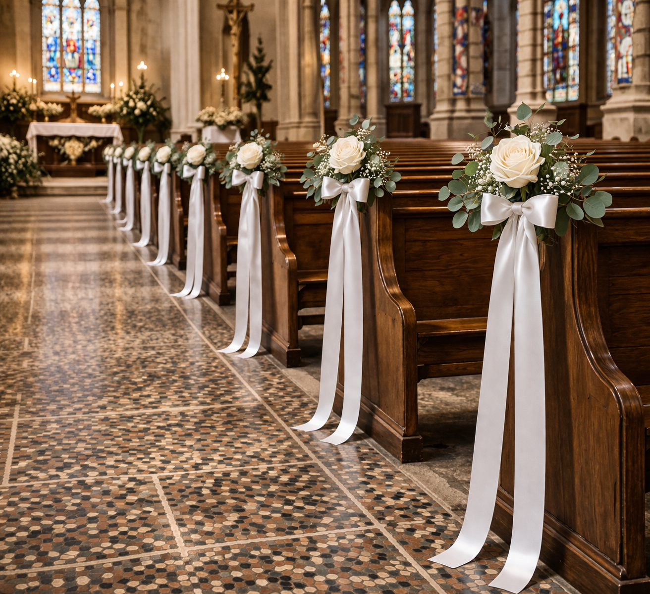 Artificial Flower Pew Ends / Aisle Chair Decorations Long White Satin Ribbon and White Rose To Hire