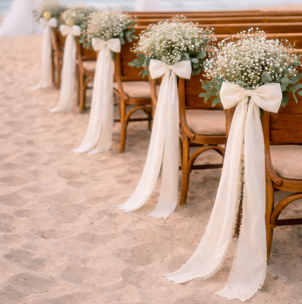 Artificial Flower Pew Ends / Aisle Chair Decorations Long White Fringed Chiffon Ribbon To Hire