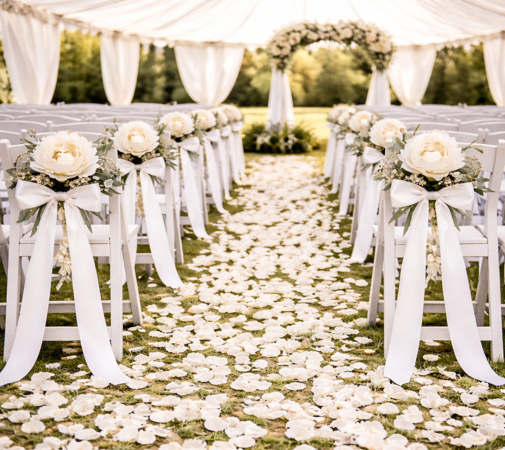 Artificial Flower Pew Ends / Aisle Chair Decorations Long White Satin Ribbon and White Peony To Hire
