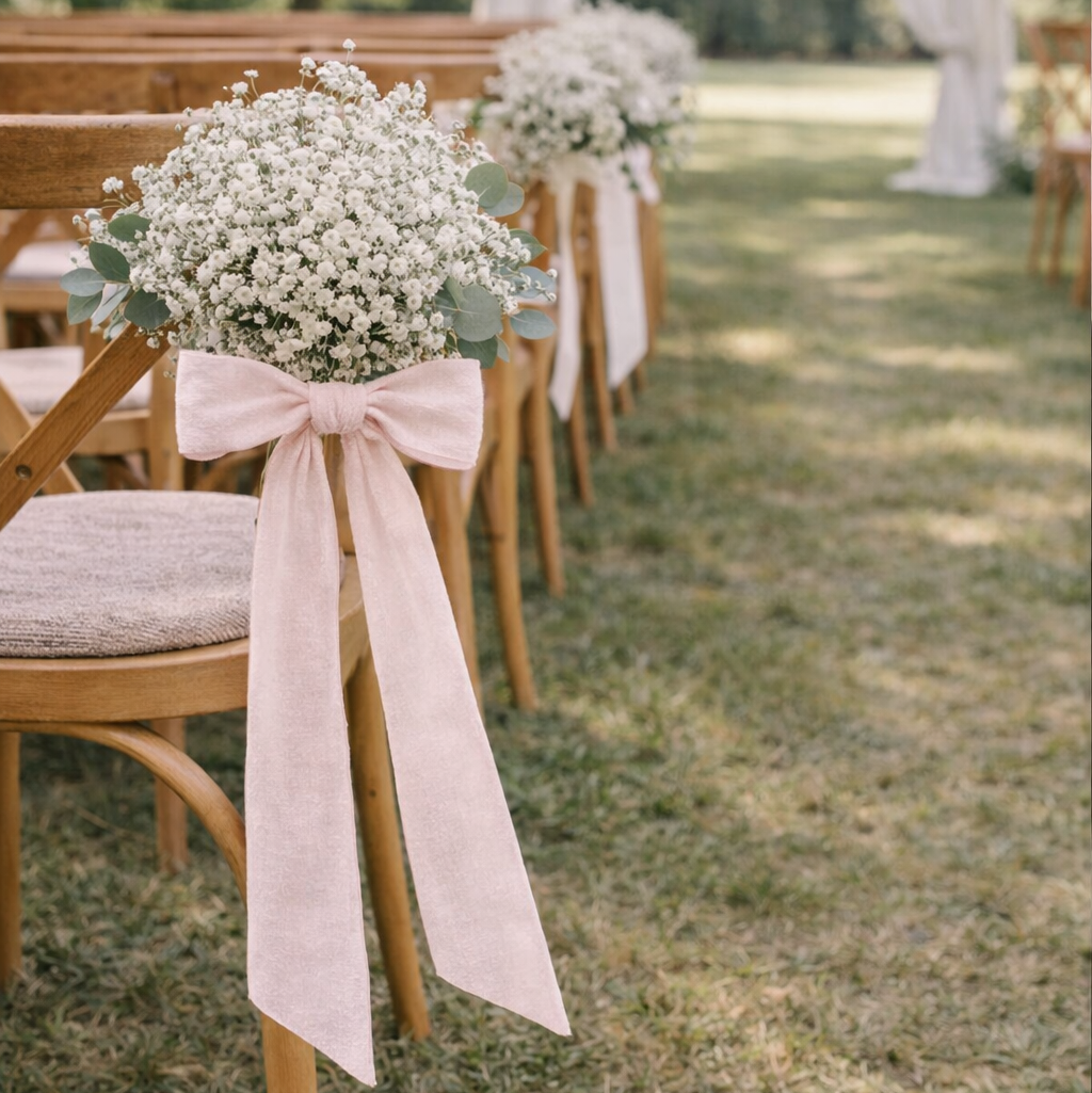 Natural Preserved Flower Pew Ends / Aisle Chair Decorations Medium Antique White Satin Ribbon
