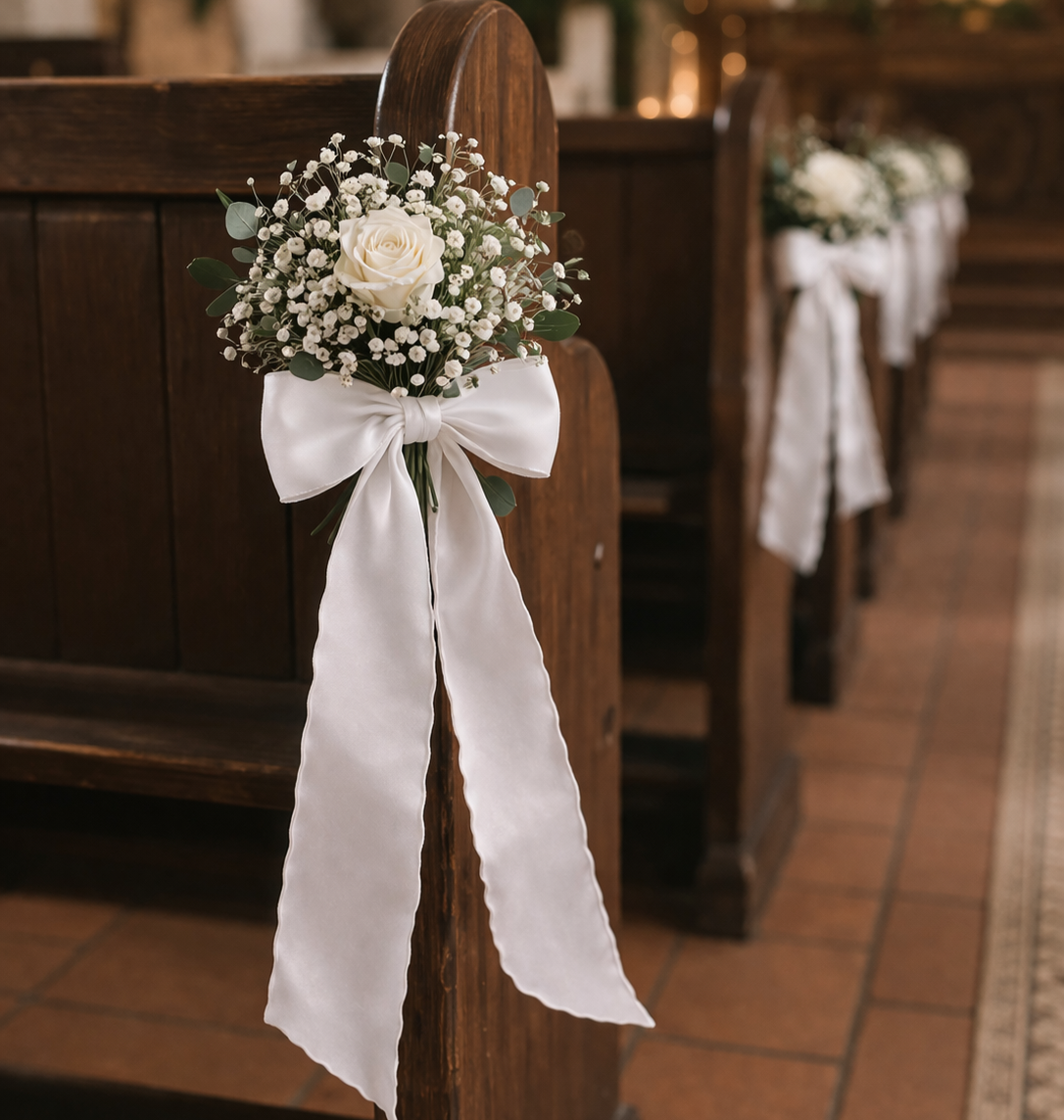 Preserved Natural Flower Pew Ends / Aisle Chair Decorations Medium White Chiffon Ribbon and White Rose