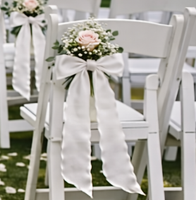 Preserved Natural Flower Pew Ends / Aisle Chair Decorations White Chiffon Ribbon and Pink Rose