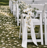 Artificial Flower Pew Ends / Aisle Chair Decorations Long White Satin Ribbon and White Orchid To Hire
